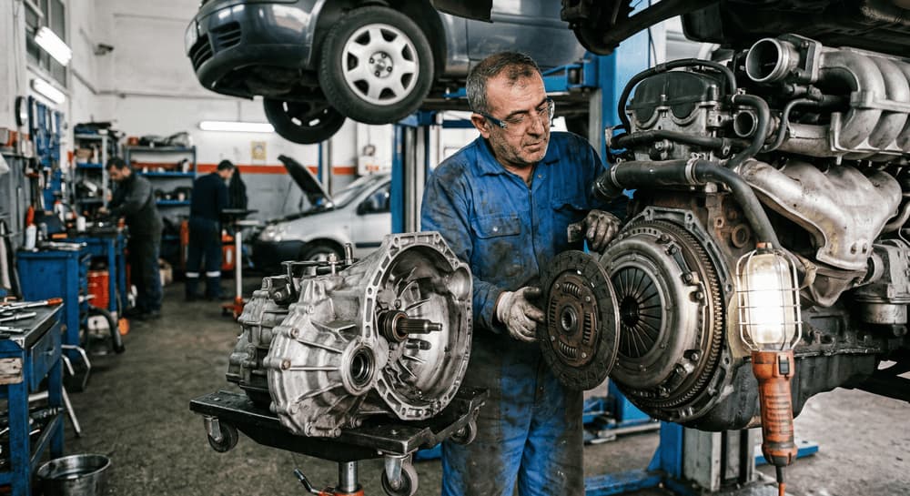 Atölyede Usta, Sökülmüş Şanzıman Ve Debriyaj Sistemi Yanında