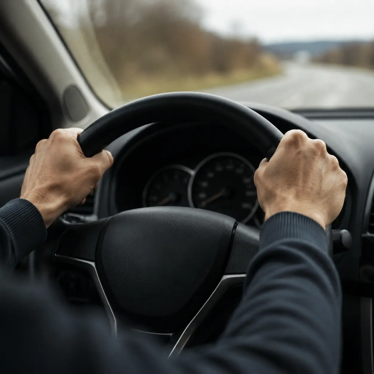 Direksiyonu Iki Eliyle Kavrayan Sürücü Ve Yol Görünümü