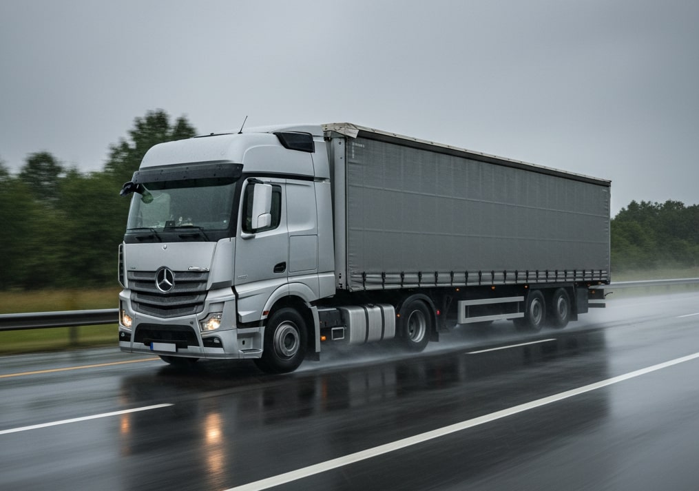 Yağışlı Havada Sürüş Halinde Bir Kamyon