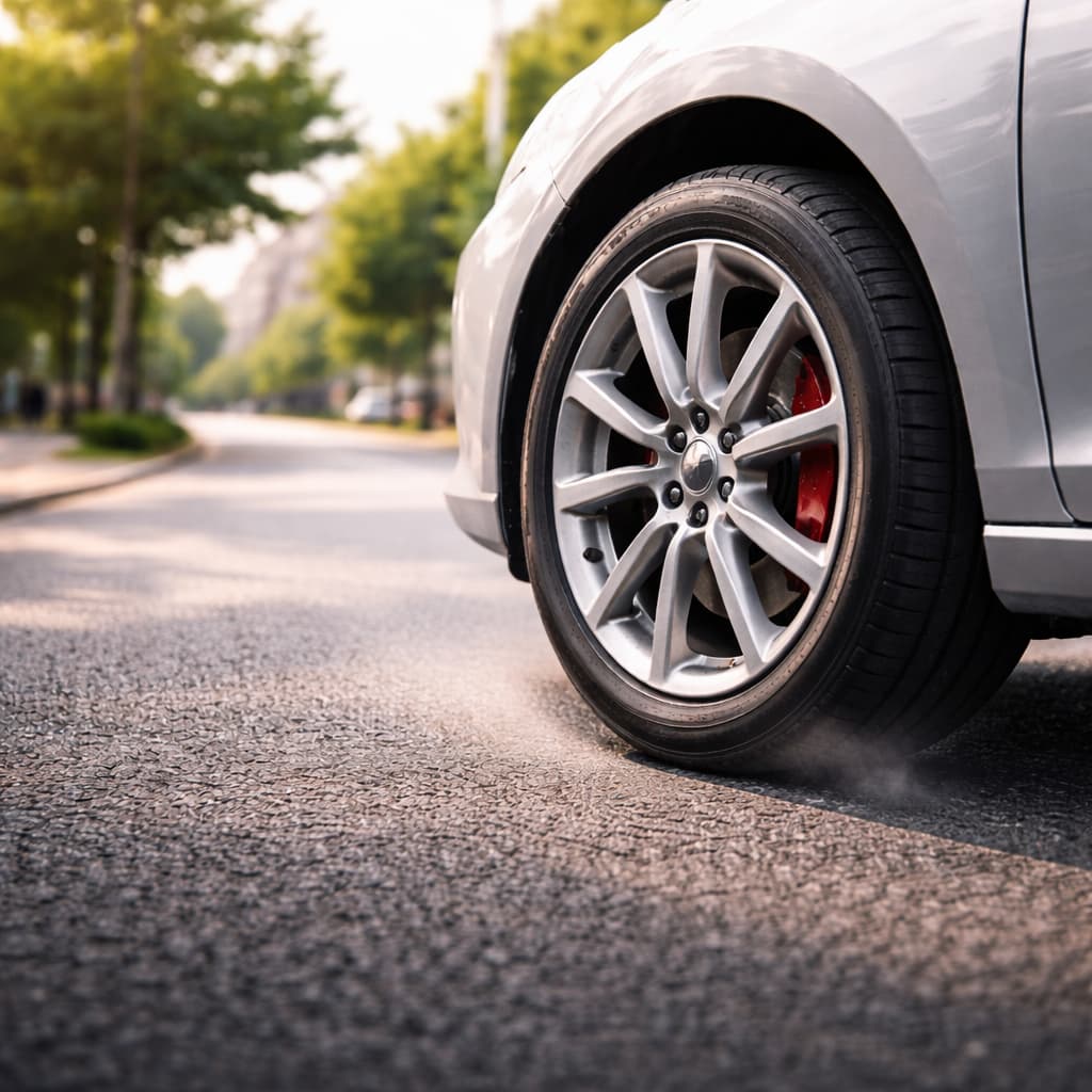 Şehir Içi Sürüş Sırasında Hafif Fren Yapan Bir Aracın Ön Tekerlek Görünümü