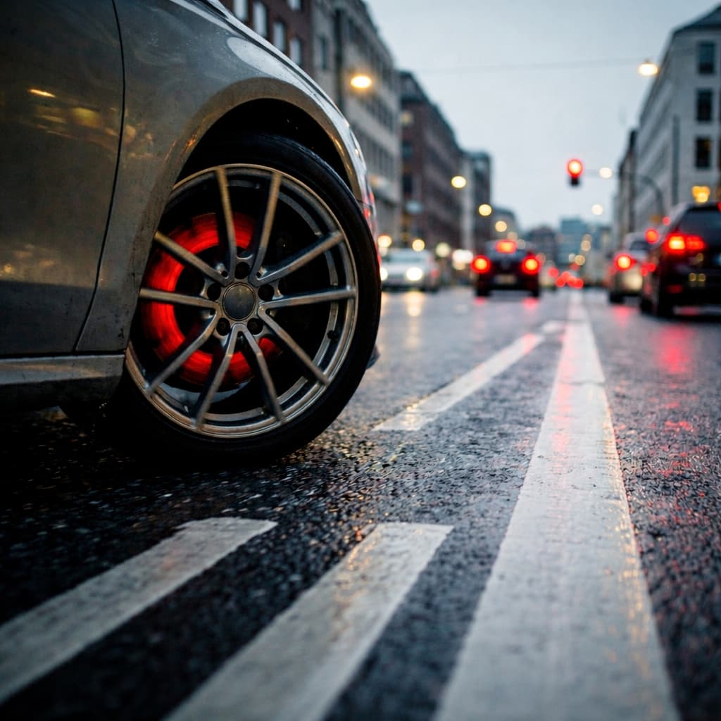 Yoğun Şehir Trafiğinde Geç Frenleme Sonucu Isınan Araç Freni Ve Islak Yol Görüntüsü