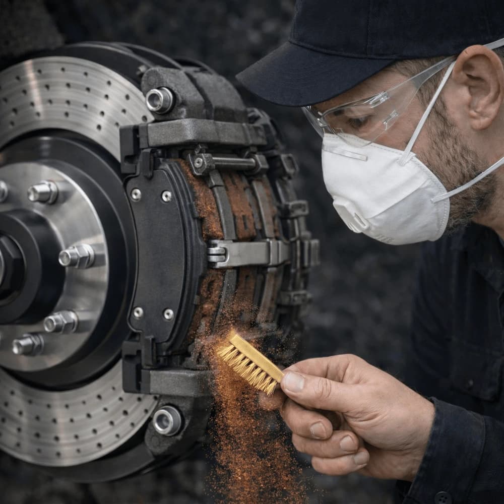 Koruyucu Gözlük Ve Maske Takan Bir Teknisyen, Delikli Fren Diski Ve Kaliper Üzerindeki Balata Yüzeyini Pirinç Tel Fırça Ile Temizliyor.