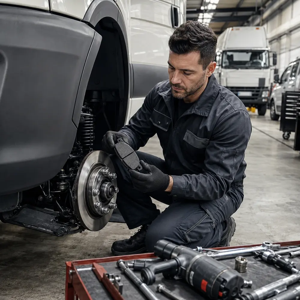 Servis Alanında Fren Balatasını Inceleyen Mekanik Ve Tekeri Sökülmüş Ticari Araç