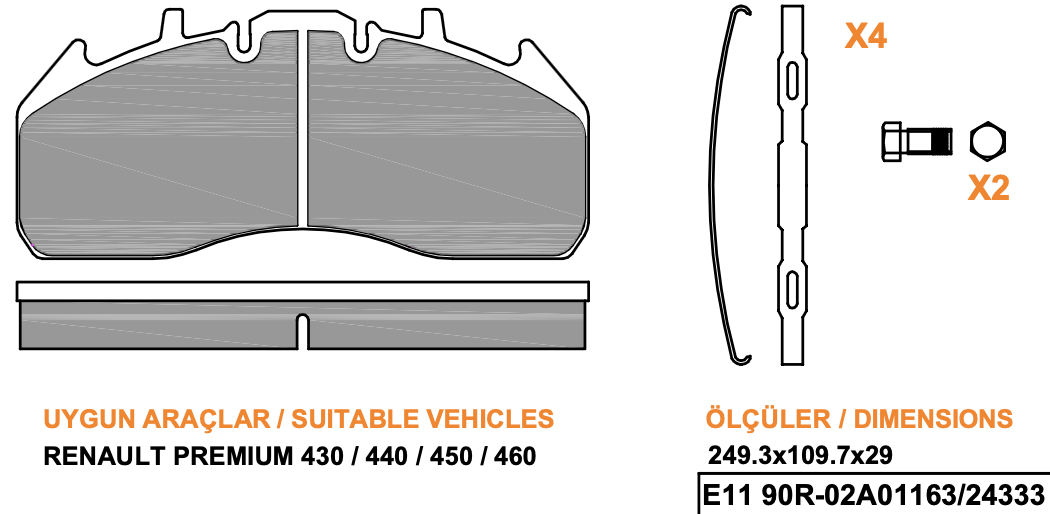 Ağır Vasıta 13 Pwr 5007 Renault Premium 430 440 450 460 Uyumlu Fren Balatası Teknik Çizimi