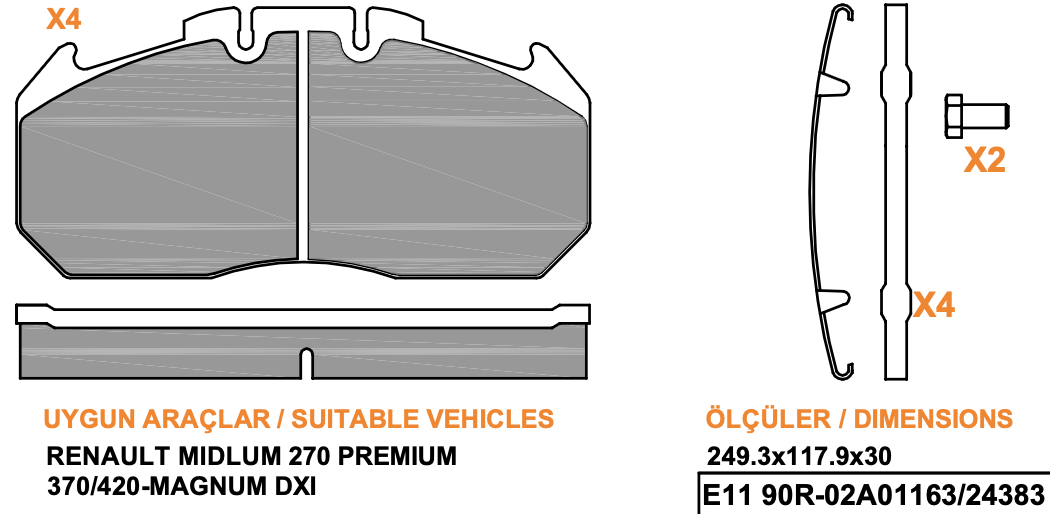 Ağır Vasıta 17 Pwr 5011 Renault Midlum Premium Magnum Dxi Uyumlu Fren Balatası Teknik Çizimi