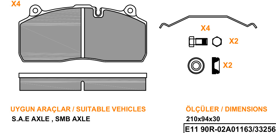 Ağır Vasıta 24 Pwr 5018 S.a.e Axle Smb Axle Uyumlu Fren Balatası Teknik Çizimi