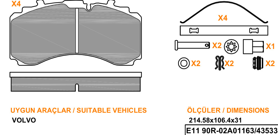 Ağır Vasıta 33 Pwr 5027 Volvo Uyumlu Fren Balatası Teknik Çizimi